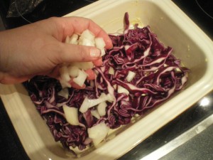 noodle prawns, red cabbage, lamb, celeriac 026