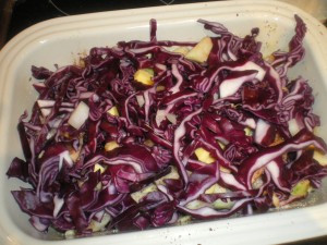 noodle prawns, red cabbage, lamb, celeriac 036